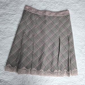 Etam Pink And Grey A-Line Plaid Lace Trim Pleated Knee Length Skirt